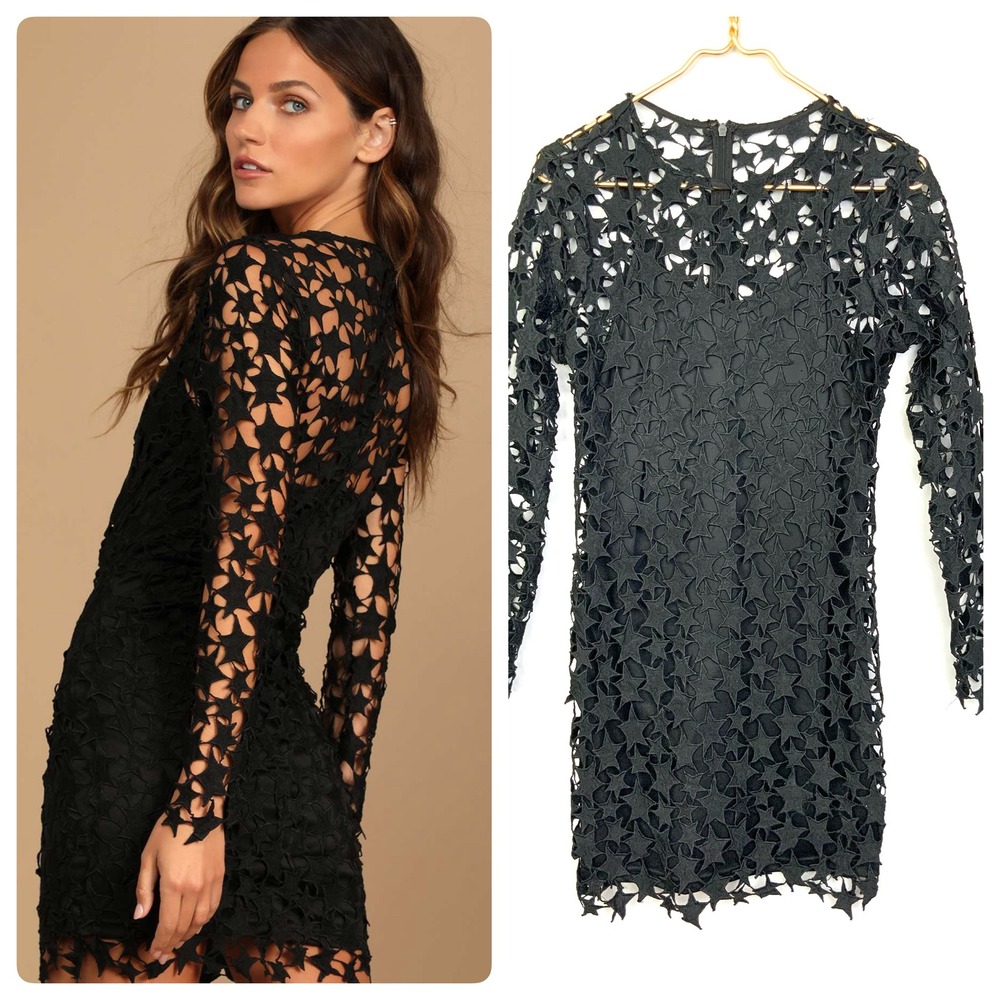 Lulus Sz Medium She's A Star Black Crochet Lace Long Sleeve Mini Sheath Dress